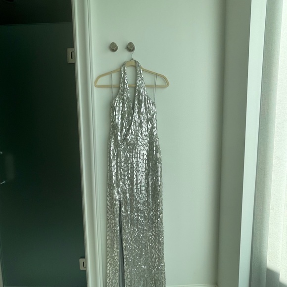 CD Greene Silver Faux Leather detailed halter gown with slit - Picture 3 of 8